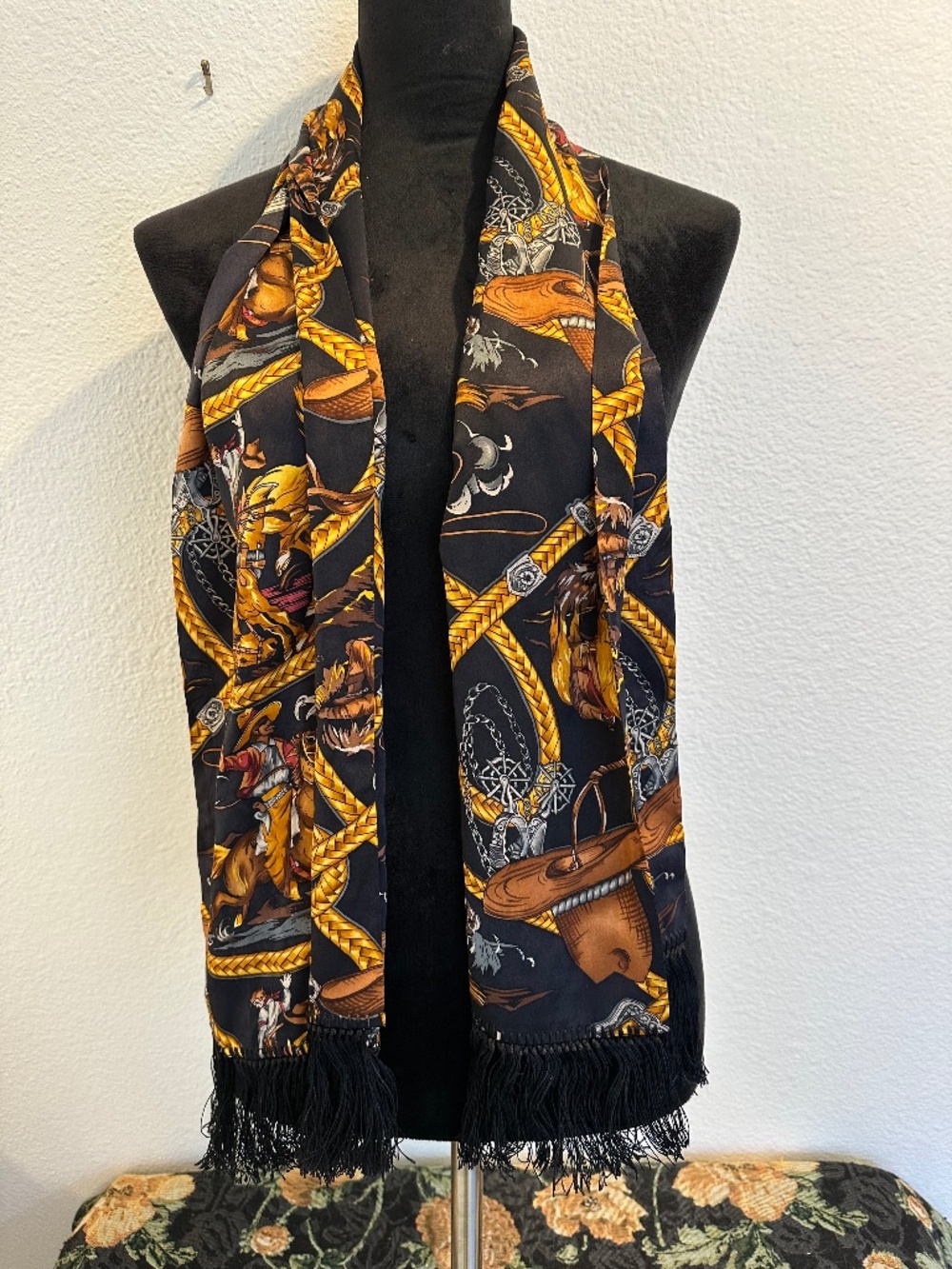 Nick and Nora Silk Shady Character Equestrian fringe Scarf